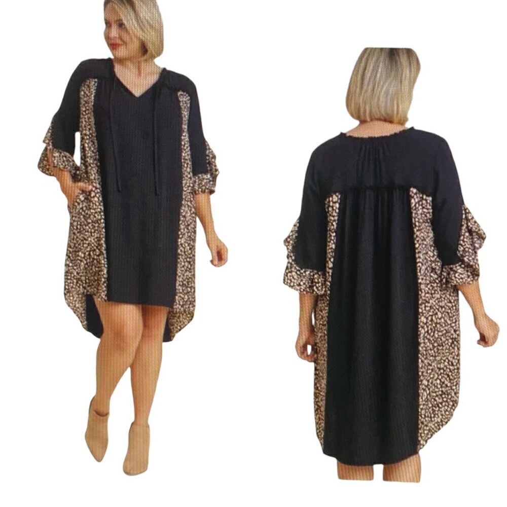 Black/Leopard Print‎ Hi Lo Shift Beachy Dress Linen Blend Sz S #312C